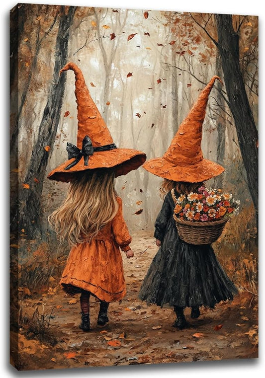 Fall Wall Art Witch Picture Decor,Little Girl Witch Halloween Wall Art, Vintage Autumn Whimsical Woodland Forest Picture, Family Room Nursery Playroom Children Room Decoration,24"x36" Framed