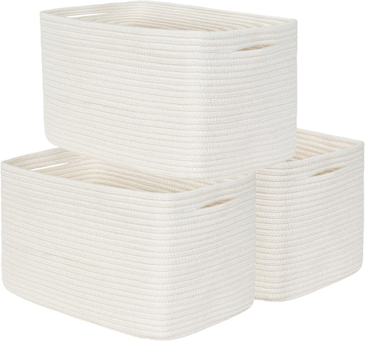 3-Pack Shelf Baskets for Organizing, Woven Storage Basket for Shelves, Cotton Rope Storage Bins for Toys Books, Nursery Towel Baskets for Classroom, 14.96"X9.8"X8.85", White