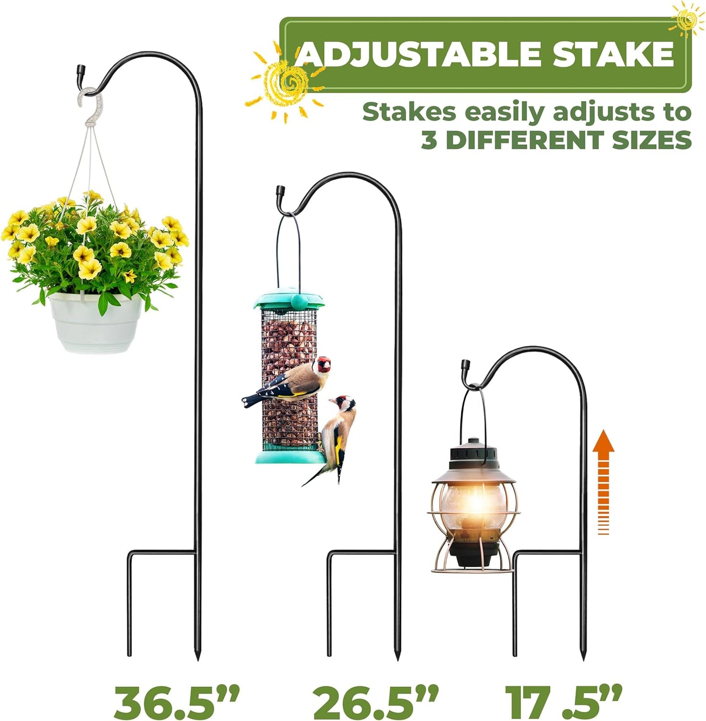 Sorbus® Shepherd's Hooks - Set of 4 Extendable Garden Planter Stakes for Bird Feeders, Outdoor Décor, Plants, Lights, Lanterns, Flower Baskets, and More! Heavy Duty - Up to 6.5 Lbs. (4 Pack)