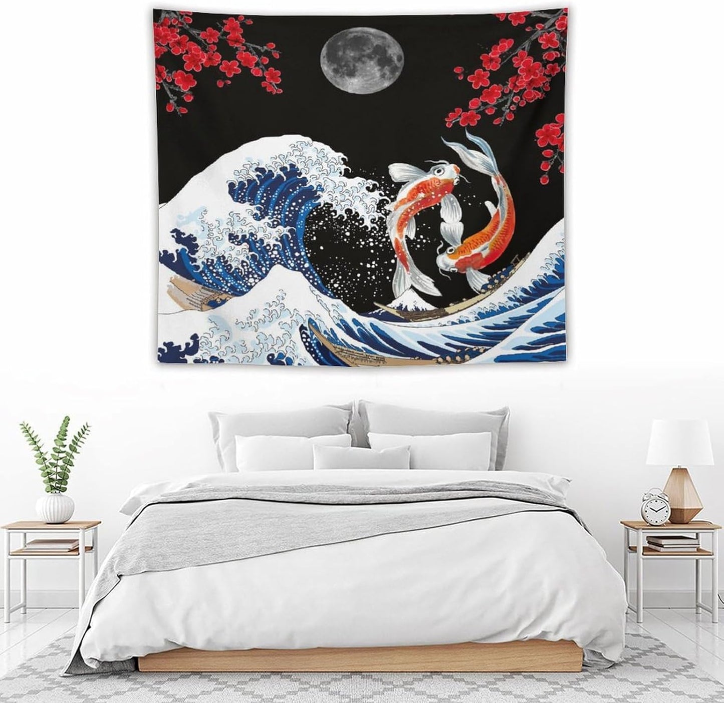 Houselerax Japanese Koi Fish Tapestry, Yin Yang Big Wave Red Cherry Blossom Tapestries Wall Hanging for Bedroom Living Room Office Decor 60"x50"