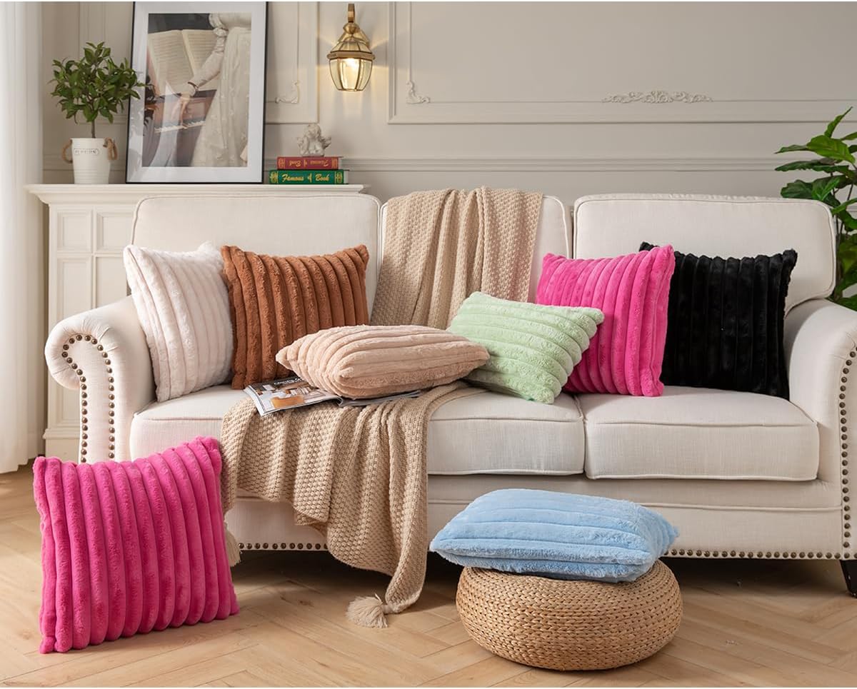 DEELAND Pack of 2,Double-Sided Faux Fur Plush Decorative Throw Pillow Covers Fuzzy Striped Soft Pillowcase Cushion Covers for Sofa Couch Bedroom Black 26x26 inch