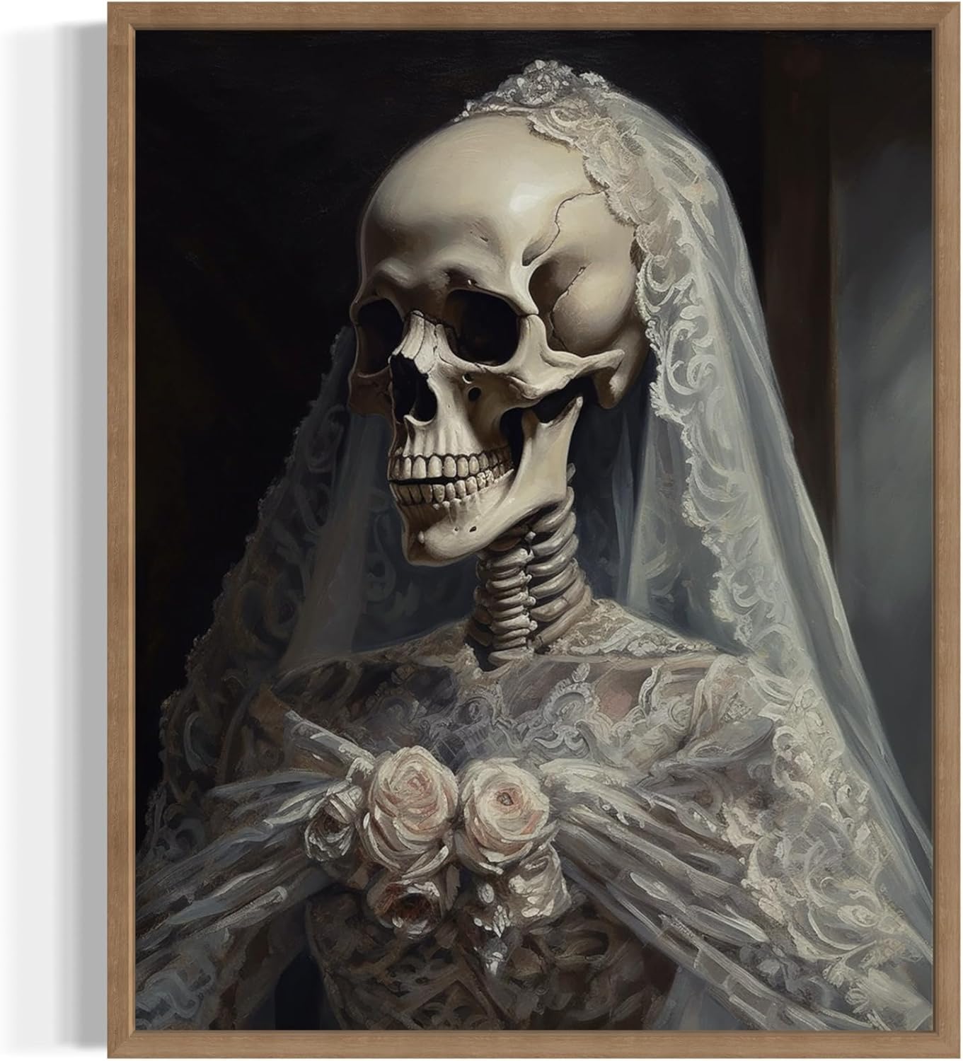 Skull Gown Poster Art Print, Halloween Scary Vintage Wall Art Academia Spooky Painting Decoration for Horror Prints, Gothic Posters Bedroom Decor 89 (Skull Gown, 16 x 20 inches, Wood Frame)