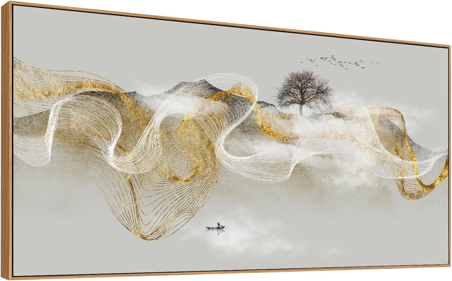 HUADAOART Wall Art Modern Zen Light Luxury Natural Landscape with Golden and White lines Background Wall Decor Canvas Prints for Living Room Bedroom 24x48 Inches (Framed)