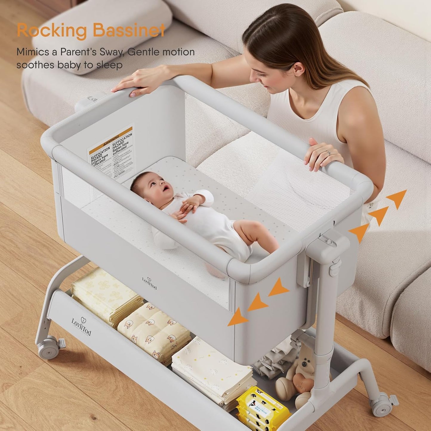 3-in-1 Baby Bassinet, Rocking Bassinet, Bedside Bassinet for Baby, Stable and Secure Bassinet Bedside Sleeper for Newborn & Infant, 6 Height Adjustable with Wheels, Mattress & Breathable Mesh