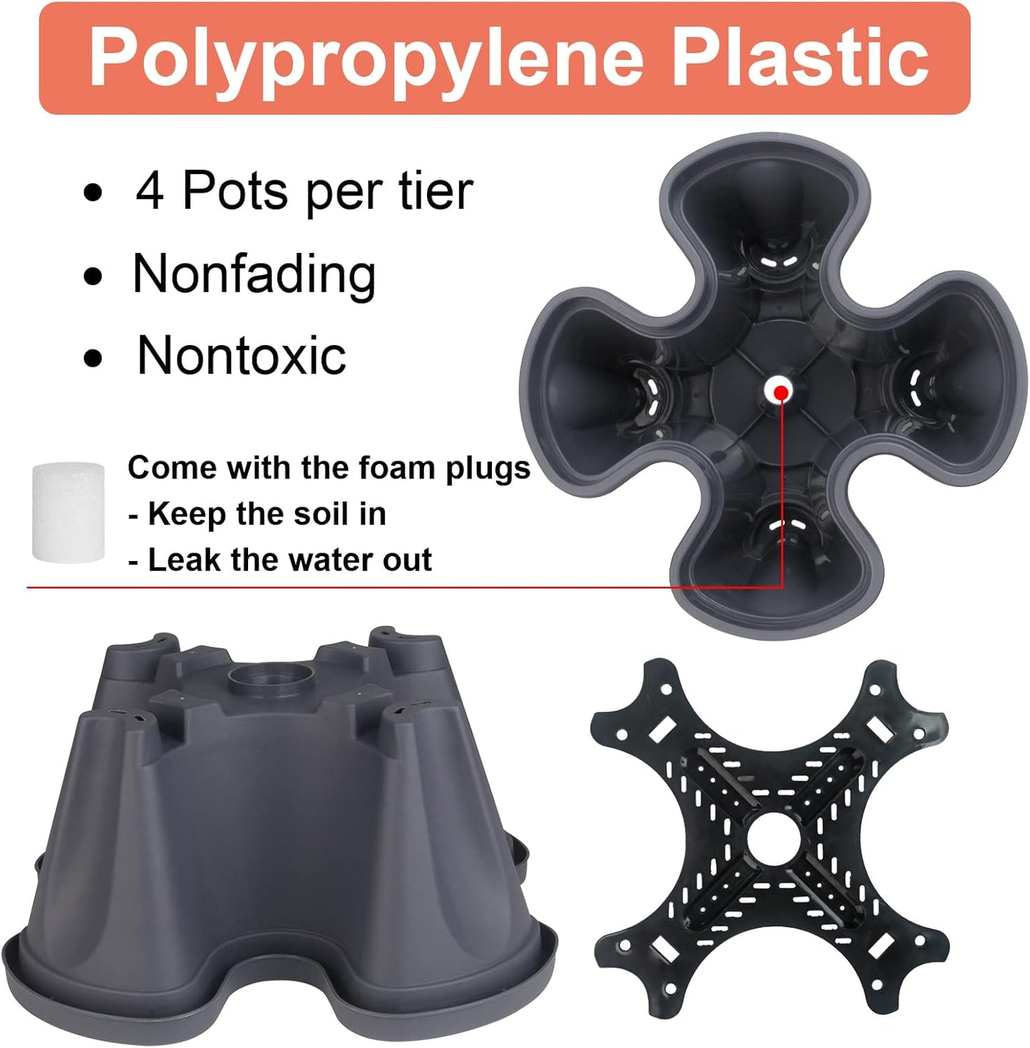 DUNCHATY Stackable Planter, Vertical Garden Planter with Wheels and Tools, Self Watering Strawberry Planter Indoor/Outdoor 3 Tier Herb Planter Pots for Growing Vegetables and Succulents, Dark Gray