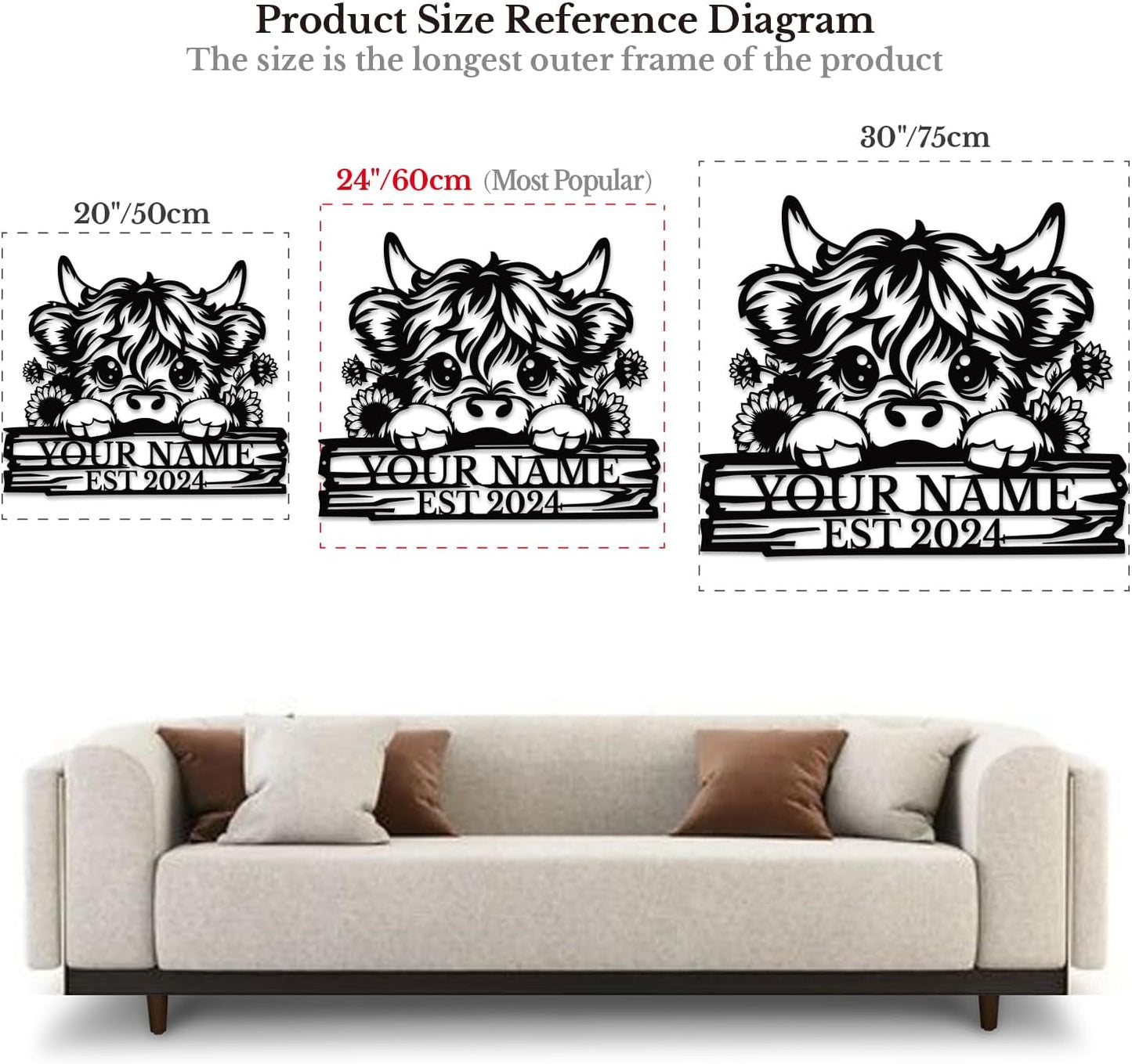 Personalized Highland Cow Name metal Signs,Custom Highland Cow Metal Shed Wall Decor,Black Metal Wall Art Plaques Outdoor wall Decorative Signage (Style D)