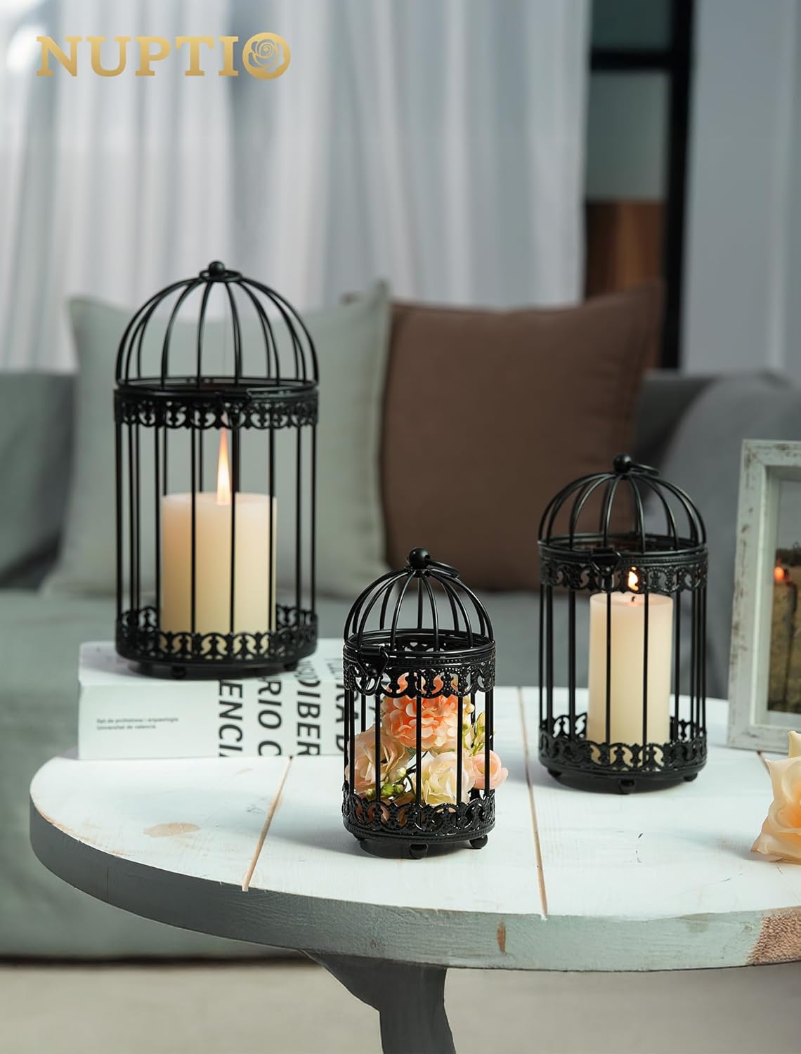 NUPTIO Vintage Bird Cage Lantern: Black Hanging Bird Cage Decor Candle Lanterns for Centerpiece - Large Birdcage Pillar Candles Holder for Halloween Christmas Bridal Shower 10 Inch H