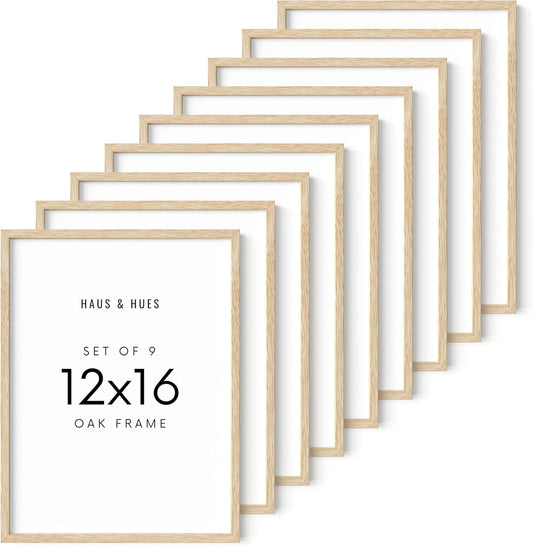 HAUS AND HUES Square Picture Frames 12 x 16 Set of 9 - Photo Gallery Wall Frame Set, Wood 12x16 Frames with Mat, 12 x 16 Frames Gallery Wall Set, Square Frames 12x16 (Beige Oak Frames)