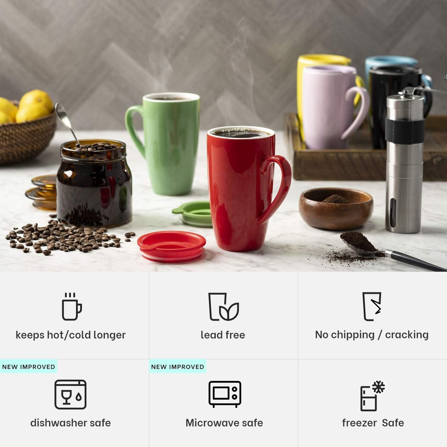 MITBAK 6-Pack Ceramic Coffee Mug Set with Lids (16-Ounce) | Large Colored Insulated Tumbler Mugs Set Great for Taking Your Coffee & Tea To-Go | Excellent Choice for Camping, Travel & Office