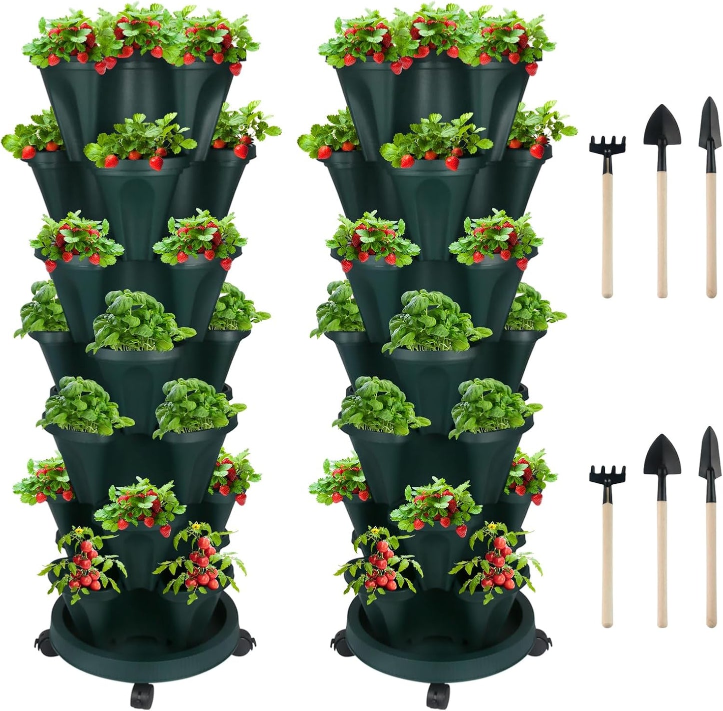 Vertical Planter 7 Tier Stackable Planters Garden Planters Strawberry Herb Flower and Vegetable Planter Indoor Outdoor Gardening Pots with Removable Wheels and Tools 2-Pack