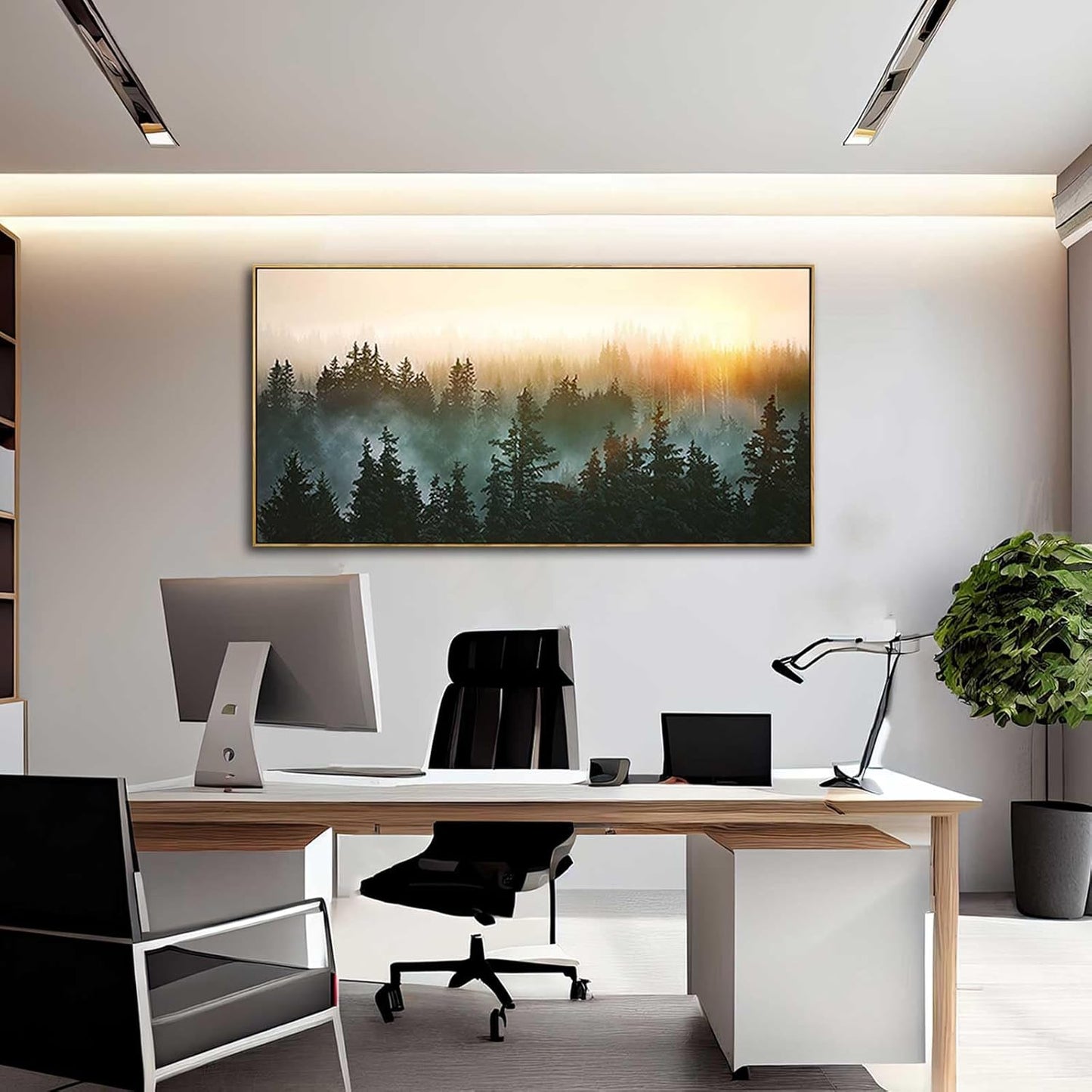 Living Room Wall Art Sunrise Misty Forest 24"x48" Modern Home Wall Decor Plants Wall Decorations Framed Artwork for Bedroom Dining Room Office Hotel