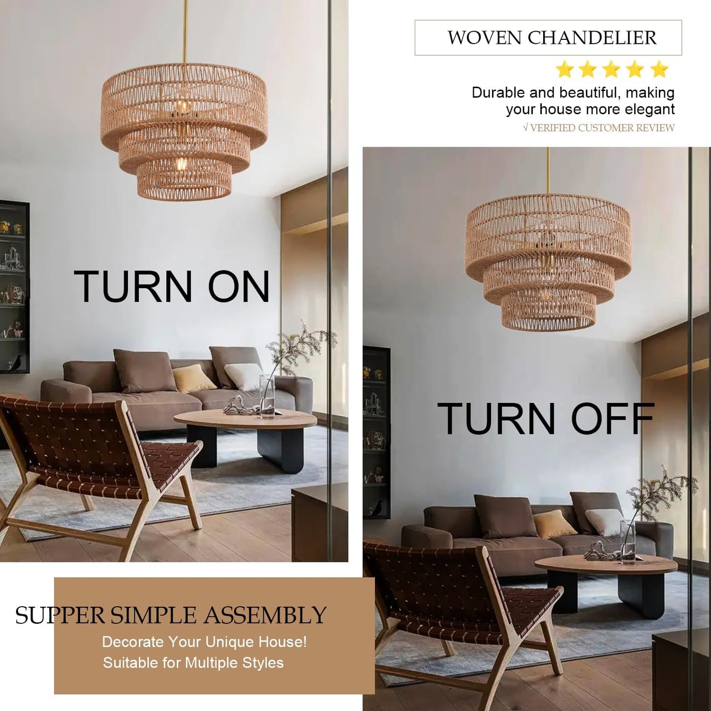 4-Light Boho Rattan Chandelier Light Fixture 17.7" 3-Tier Farmhouse Boho Chandelier Hand Woven Rattan Pendant Light Rustic