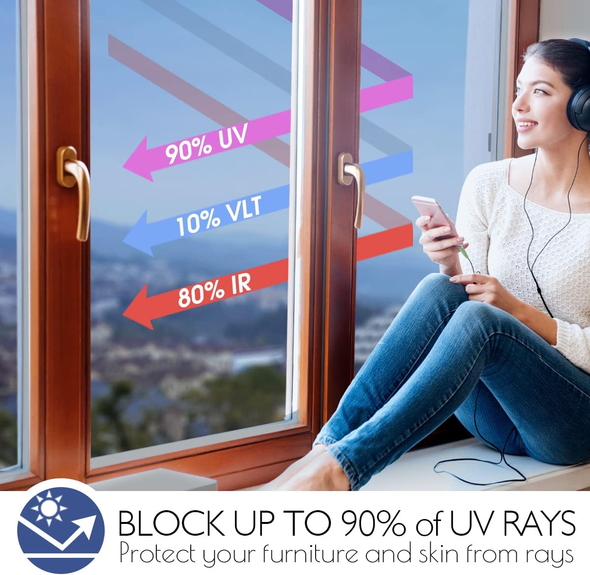 HIDBEA One Way Window Film Daytime Privacy, Heat Blocking Anti UV Reflective Mirror Window Tint for Home, Non-Adhesive Self Static Cling Window Stickers (Blue-Silver, 35.4 Inch x 32.8 Feet)