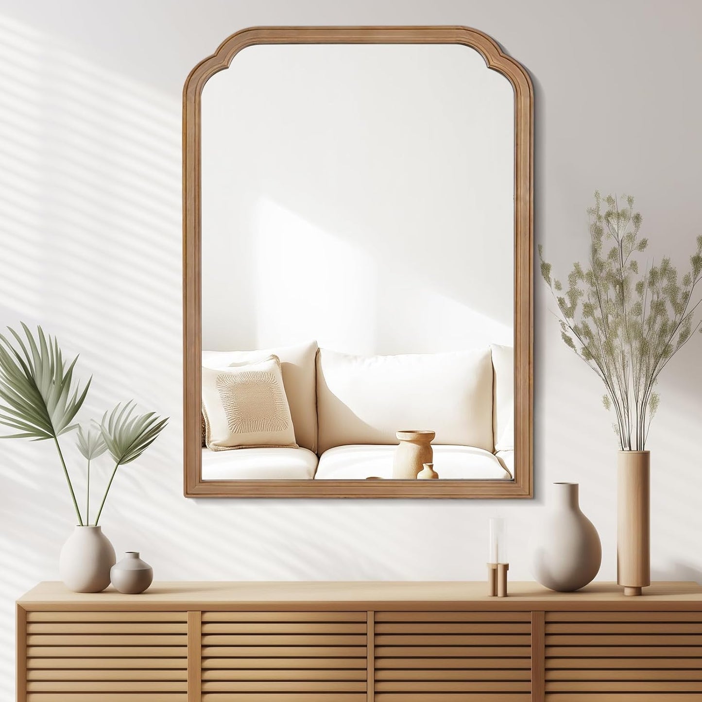 WallBeyond 30" x 40" Wood Bathroom Mirror for Wall Mounted, Rustic Rounded Corner Vanity Mirror for Entryway, Living Room or Bedroom Home Decorative [30" x 40" Honey-Colored]