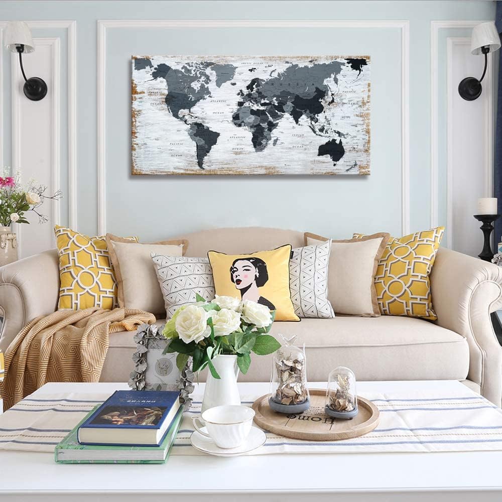 black world map Wall Art Watercolor Abstract Wall Decal Large Office Canvas Wall Art map of the world 32in"x48in" Painting for Bedroom Wall Decoration for Living Room wall art Artwork for Walls