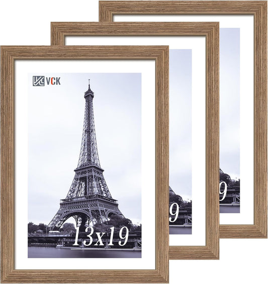 VCK 13x19 Picture Frame 3 Pack - Brown Walnut, Natural Textured Solid Wood Frame, Wall Gallery Frame