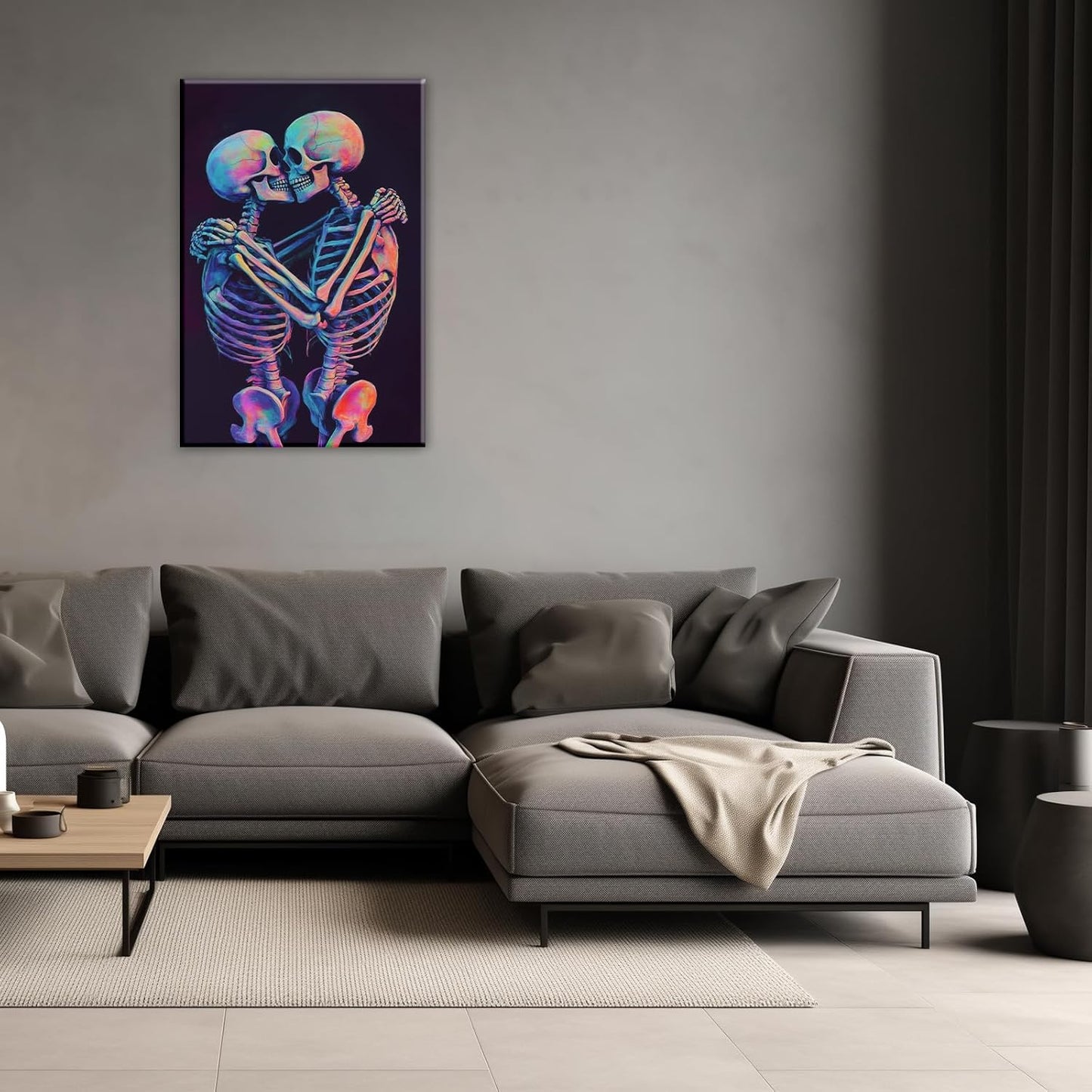 Skeleton Wall Art Kissing Skull Art Poster Skeleton Lover Picture Print On Canvas Abstract Horrible Theme Painting Framed Artwork Living Room Decor(Artwork-3,24"x36")