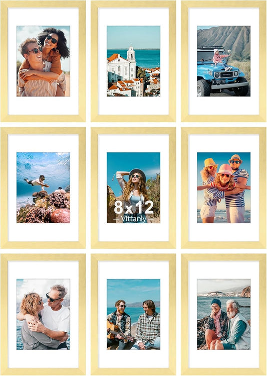 Vittanly 8x12 Picture Frames Set of 9, Shatter Resistant Plexiglass, Display 6x8 Pictures with Mat or 8x12 without Mat, Photo Frames for Wall or Tabletop, Engineered Wood, Gold