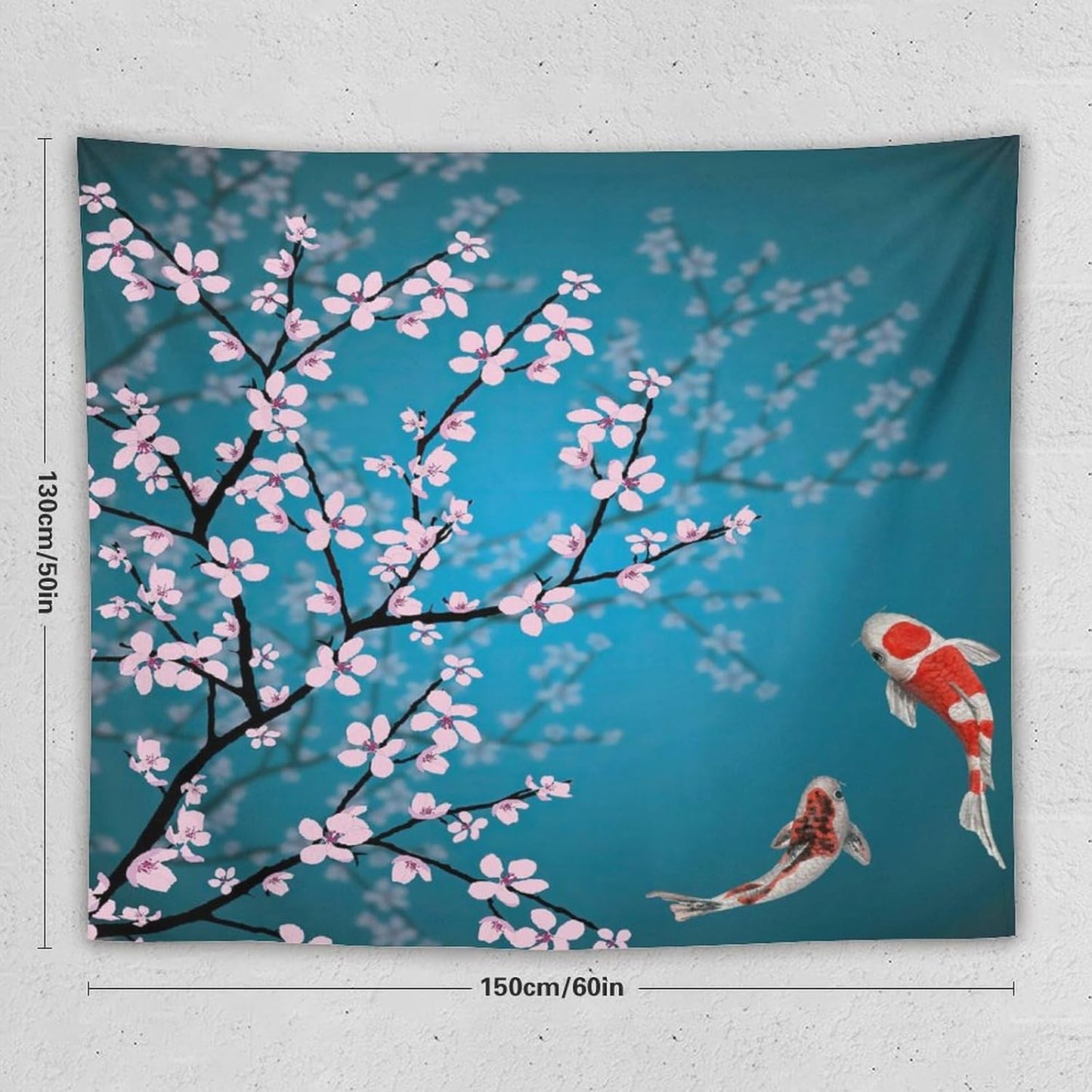 Japanese Koi Fish Tapestry, Cherry Blossoms Asian Oriental Green Teal Flower Branch Koi Fish Carp Tapestries Wall Hanging for Bedroom Living Room Office Decor 60"x50"