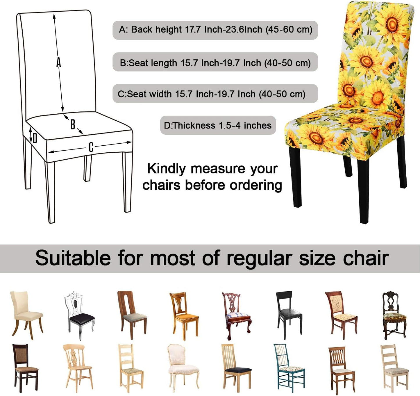 JQinHome Pattern Chair Covers for Dining Room Set of 6, High Stretch Removable Washable Parsons Chair Slipcover for Home Party Hotel Wedding Ceremony (Sunflower,6PCS)