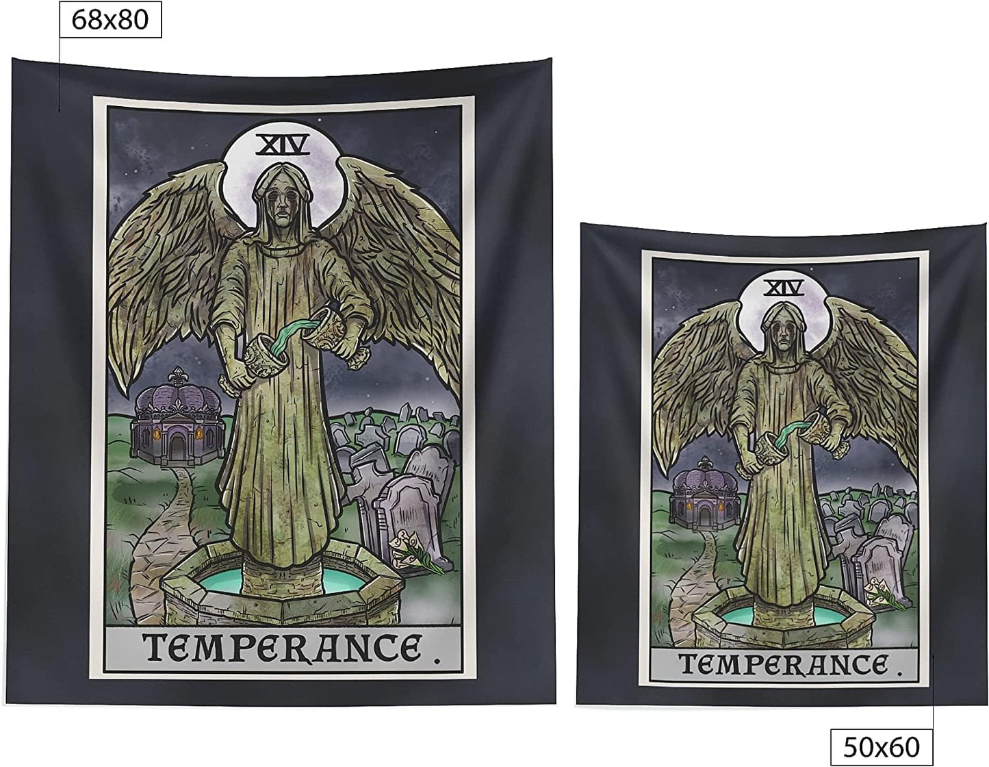 The Ghoulish Garb Temperance Tarot Card Tapestry - Crying Angel Statue - Gothic Halloween Home Decor Wall Hanging (60" x 50")