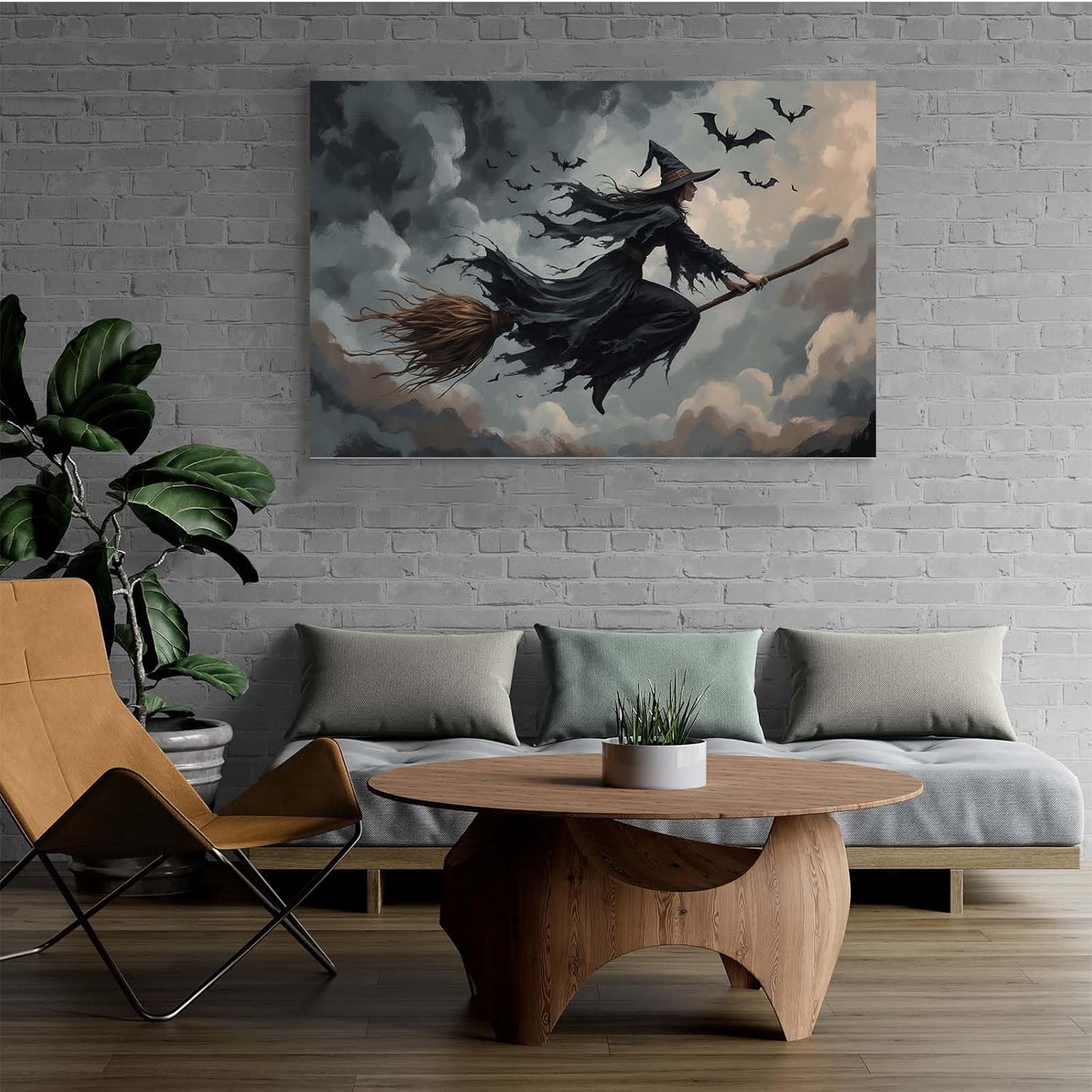 Witch and bat flying Halloween poster suitable for home party wall decoration retro Halloween preppy style wall art canvas print suitable for room decoration28x40in Wood Framed