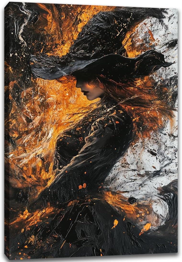Witch Canvas Poster Print, Dark Academic Picture Wall Decor, Modern Fashion Aesthetic Abstract Witchcraft Halloween Wall Art For Bedroom Living Room Hallway Decoration,12"x18" Framed