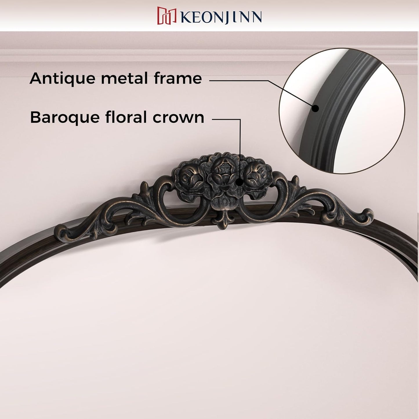 Keonjinn Vintage Mirror 40" x 30", Large Black Antique Mirror with Metal Frame, Ornate Arched Mirrors for Wall, Baroque Decoration for Mantle, Bathroom, Living Room, French Cleat Mounting