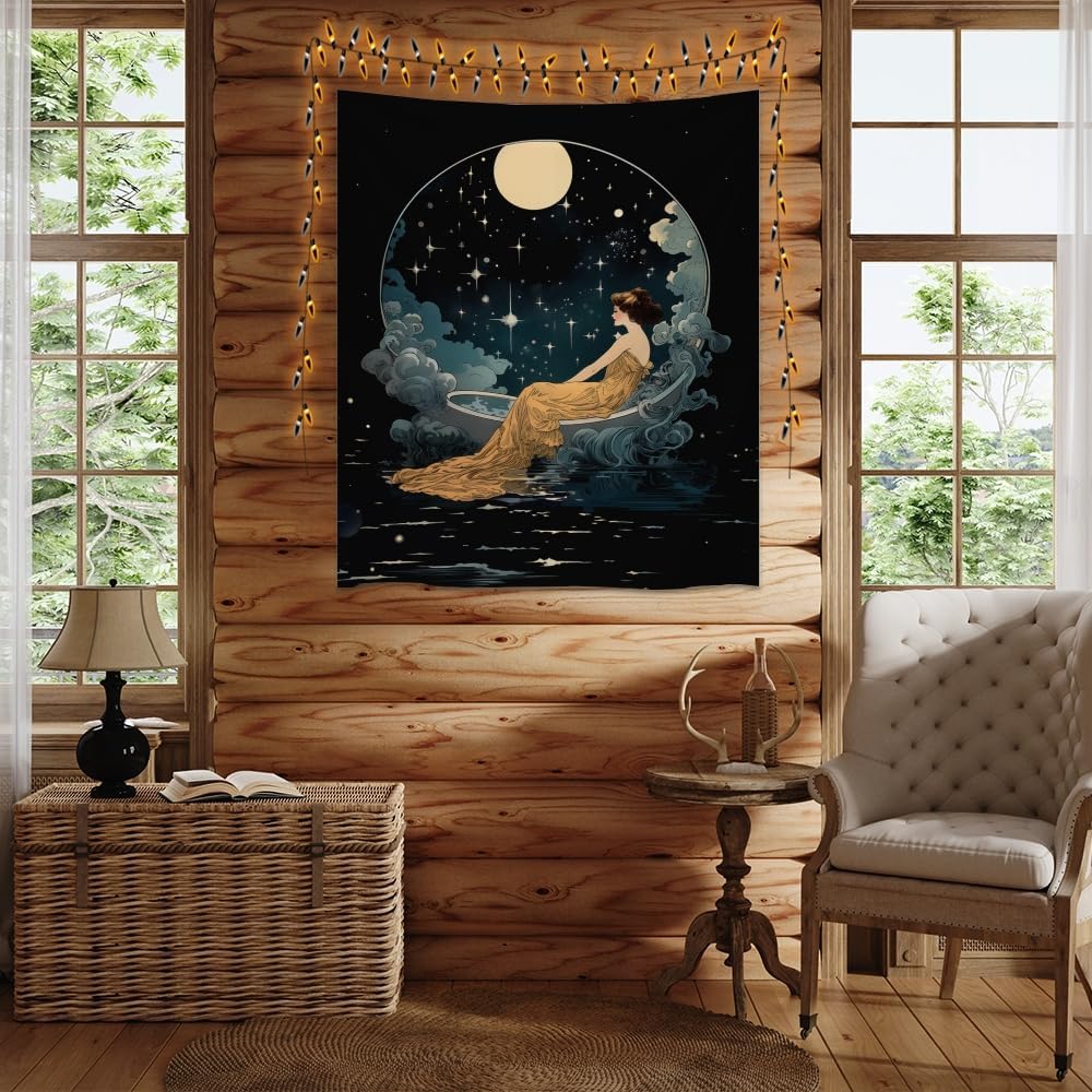 Dark Academia Tapestry Celestial Moonlit Bathing Lady Print Trendy Aesthetic Gothic Wall Hanging Vintage Art Nouveau Tapestries Wall Decor for Bedroom Living Room Dorm 60x80inch