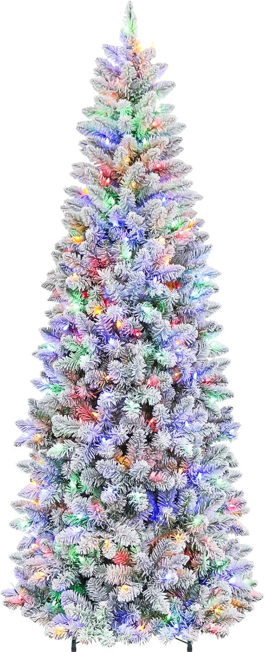Hykolity 7.5 ft Pencil Prelit Christmas Tree, Artificial Slim Christmas Tree with 300 Multicolor LED Lights, 792 PVC Branch Tips, Metal Stand and Hinged Branches, 10 Modes