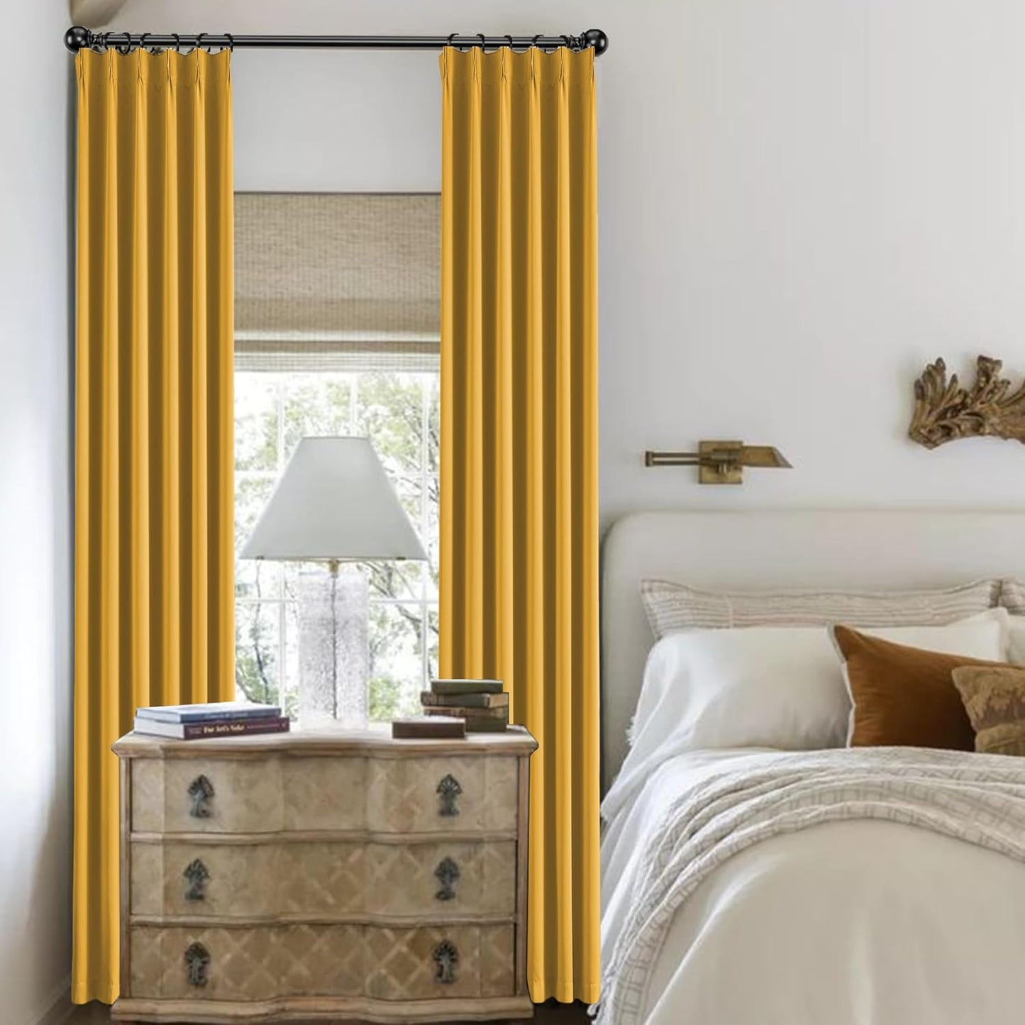 Yellow Window Curtain Panels 96 Inches Long 2 Panels Set-Pinch Pleated Room Darkening Solid Gold Curtains for Living Room Sun Room with Hooks, Soft & Vertical Modern Lush Decor,40x96 Inch