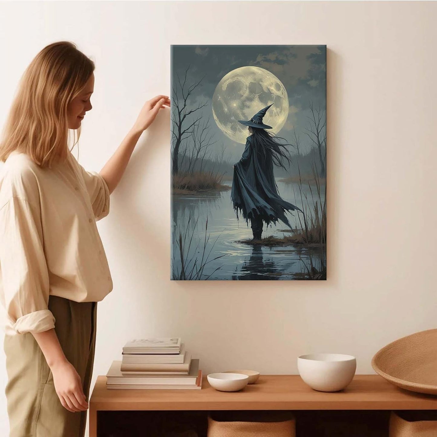 Witch in the moonlight magic canvas wall art enchanting Halloween home decor swamp witch silhouette oil painting mysterious gothic aesthetic wall decor print poster28x40in Wood Framed