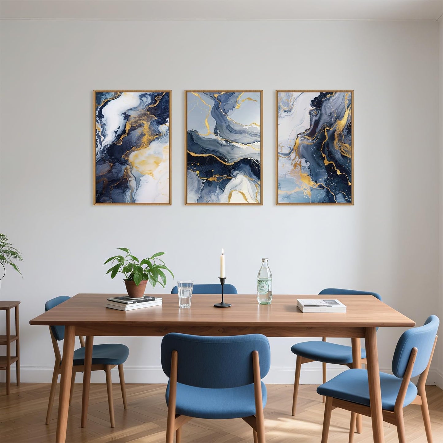 Celestdeco Blue Abstract Framed Canvas Wall Art Set, Blue Golden Aesthetic Wall Decor, Navy Blue Gold Wall Painting, Neutral Modern Art Print for Living Room, Bedroom, Dining Room, Office 24"x36"x3