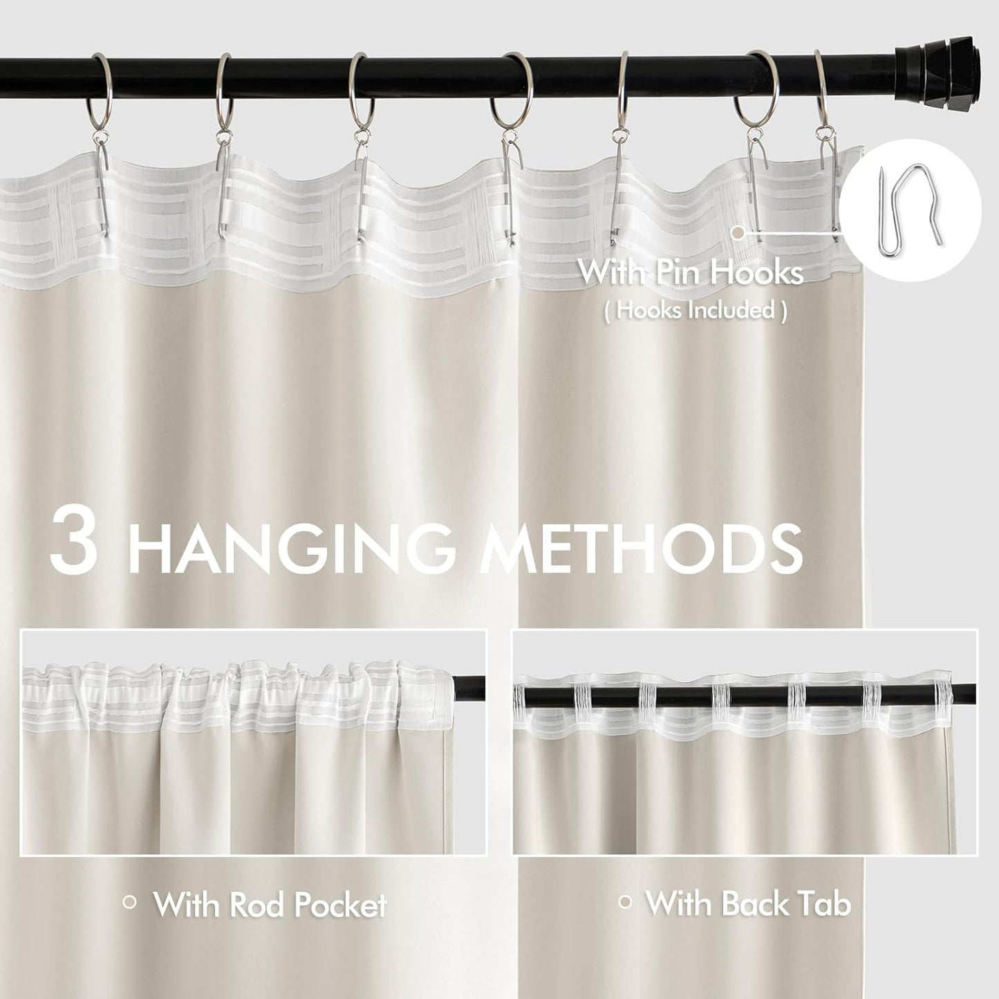 MIULEE Ivory Back Tab Blackout Curtains 72 Inches Long 2 Panels Set for Living Room Bedroom Privacy, Rod Pocket/Pinch Pleat Thermal Insulated Room Darkening Pleated Light Blocking Drapes