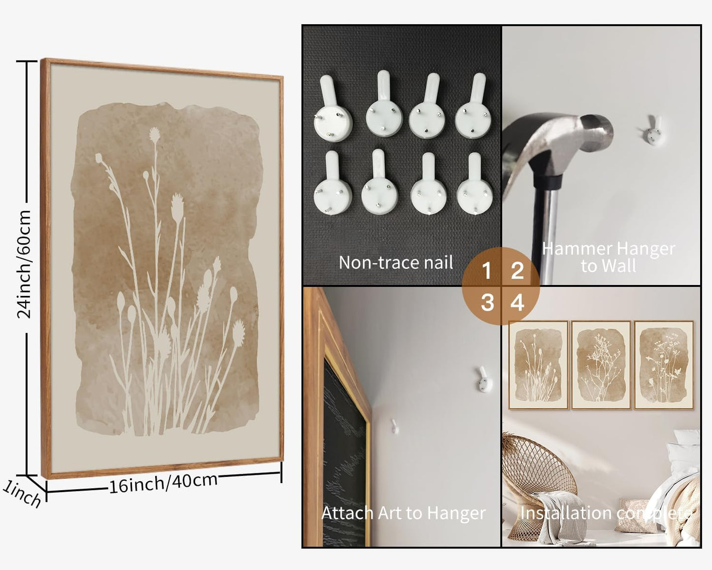 SIGNINART Boho Botanical Framed Canvas Wall Art Set, Neutral Wildflower Wall Decor, Vintage Floral Wall Painting, Art Print for Farmhouse Living Room, Bedroom, Office, Bathroom 16"x24"x3