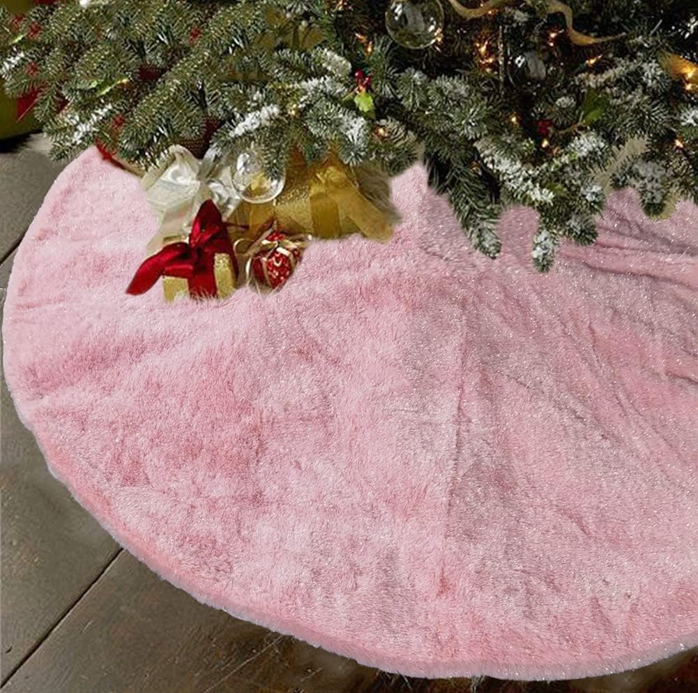 AISENO 48 Inch Christmas Tree Skirt Faux Fur Pink Bright Silk Shiny Decoration for Christmas Tree Plush Merry Christmas Decorations Decor