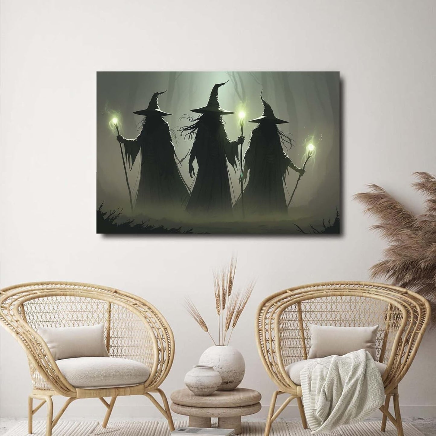 JFHCQJPK Vintage 3 witches canvas wall decor melancholy dark Halloween poster wall decor holding a staff print Gothic horror Halloween painting print for living room bedroom16x24in Frameless