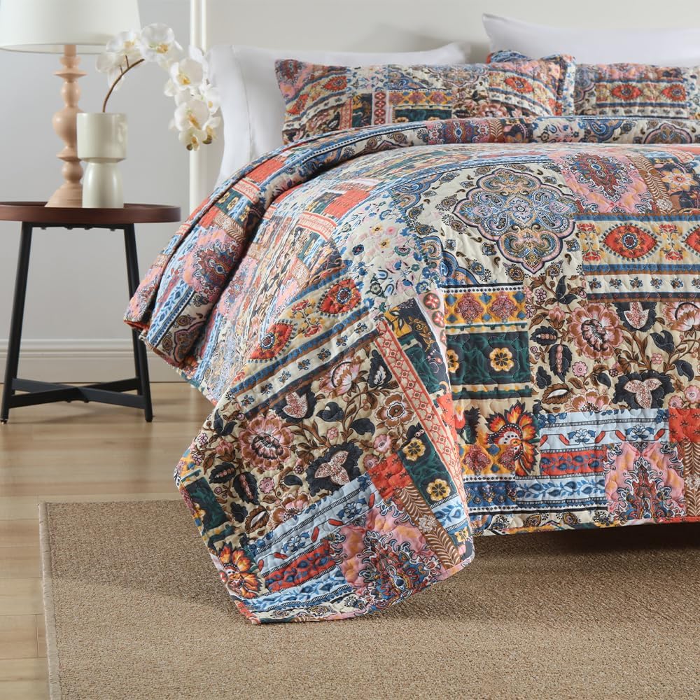 Autumn Dream Cotton Bedspread Quilt Sets, 3 Pieces Reversible Comforter Coverlet Sets, Vintage Gorgeous Bohemian,King Size