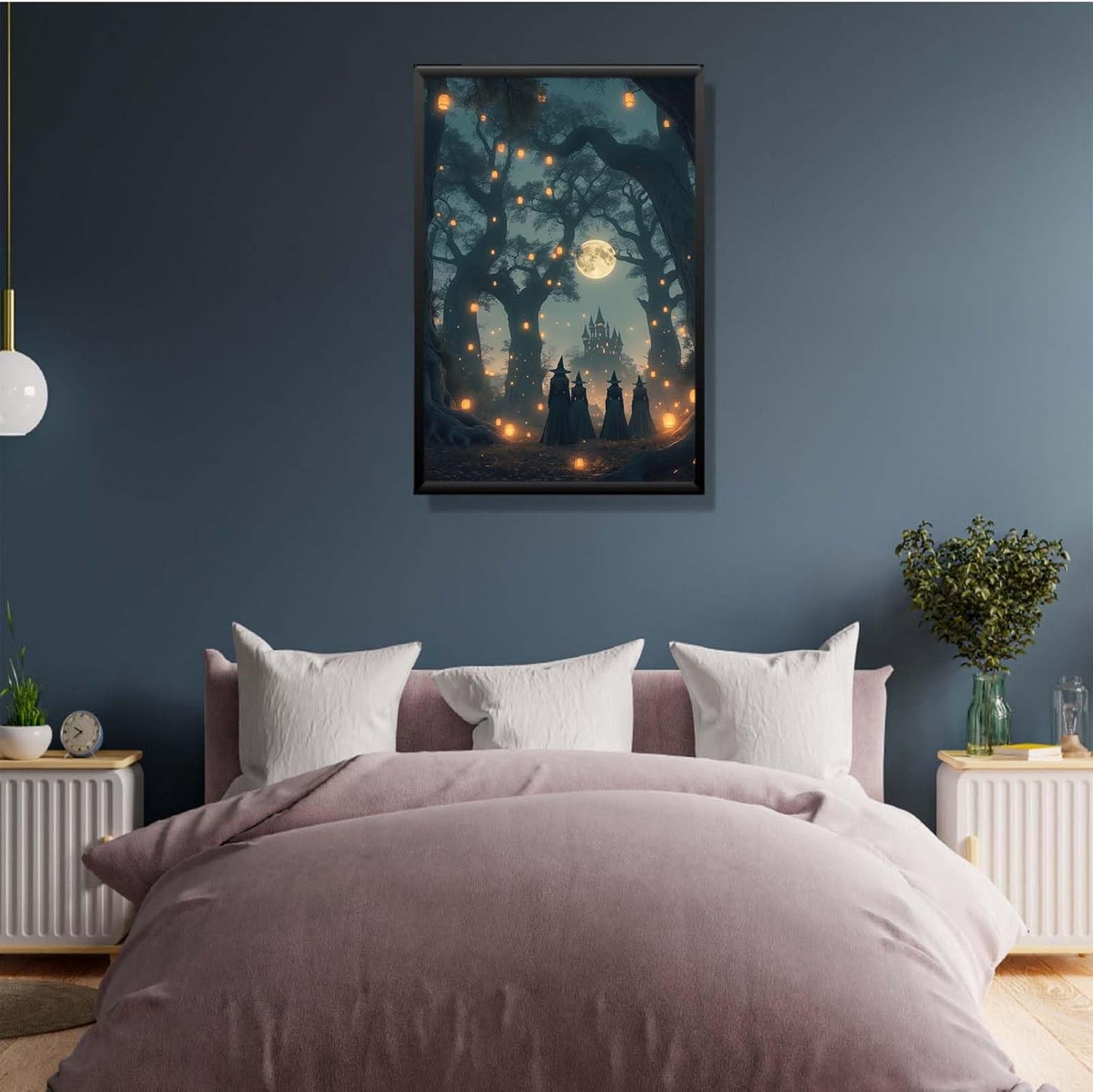 JFHCQJPK Mysterious creek painting witch and castle in magic forest art print canvas gothic print dark college decoration poster for home bedroom12x16in Metal blackFramed