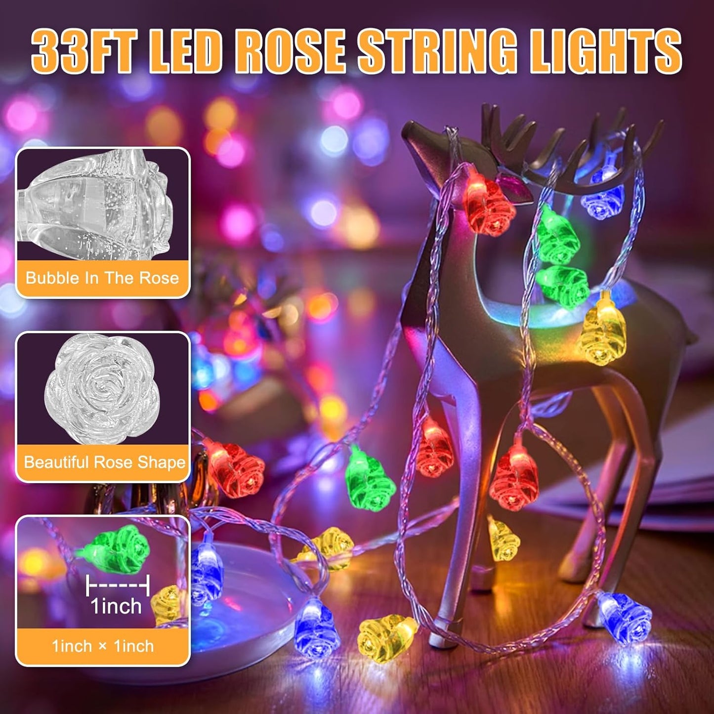 String Lights Indoor, 33Ft 80 LED Rose Flower Lights, 8 Modes Dimmable & Timeable Twinkle Lights, Festival Christmas Decorations for Bedroom Living Room, Multicolor, USB Plug, Remote
