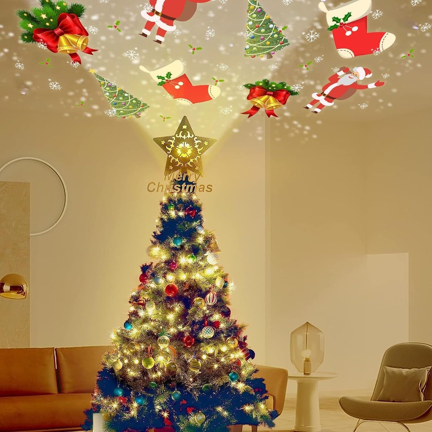 Christmas Tree Topper Lighted with Snowflake Projector, LED Rotating 3D Glitter Tree Topper for Christmas Tree, Christmas Decorations Lights (Golden Star Tree Toppers)
