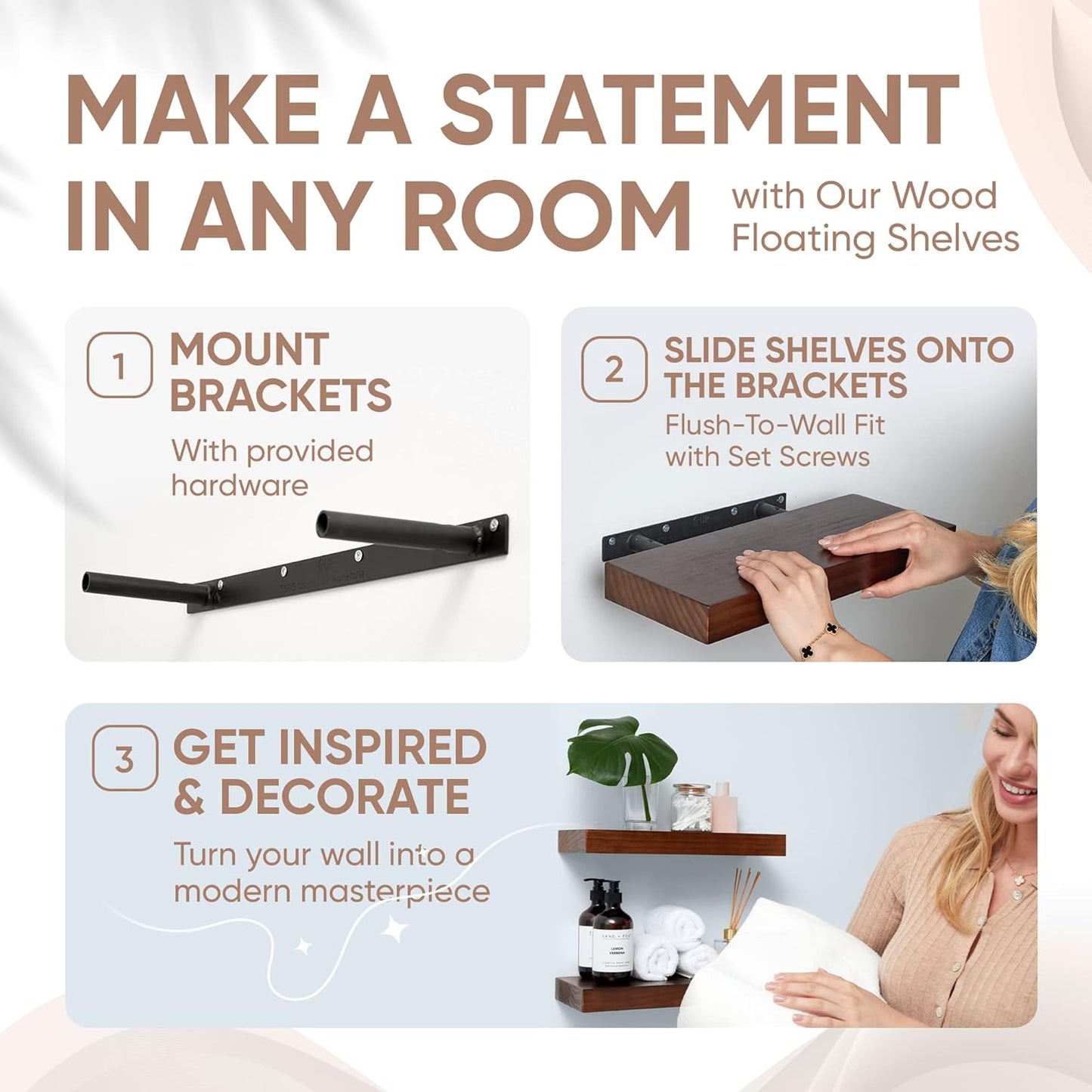 Homeforia Walnut 18 inch Floating Shelf, High End Solid Real Wood 18inch Floating Shelves for Wall Mounted, Dark Brown 18 inches Long Floating Shelves, Heavy Duty Bracket, 18 X 6.5 X 1.75 in, Set of 2