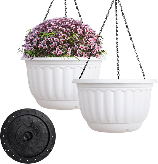 YIKUSH Planters for Outdoor Plants 2 Pack White Plant Pots with Drainage Hole and Absorbing Tray Hanging Planters for Indoor Plants (12 inch, 3 Hooks)