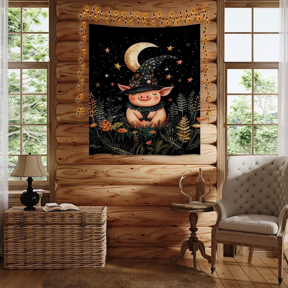 Whimsical Witch Pig Tapestry Wall Hanging Cute Farmhouse Animal Tapestry Aesthetic Moon and Stars Pictures Print Cottagecore Witchy Halloween Artwork Tapestries Decor for Living Room Bedroom 30x40inch