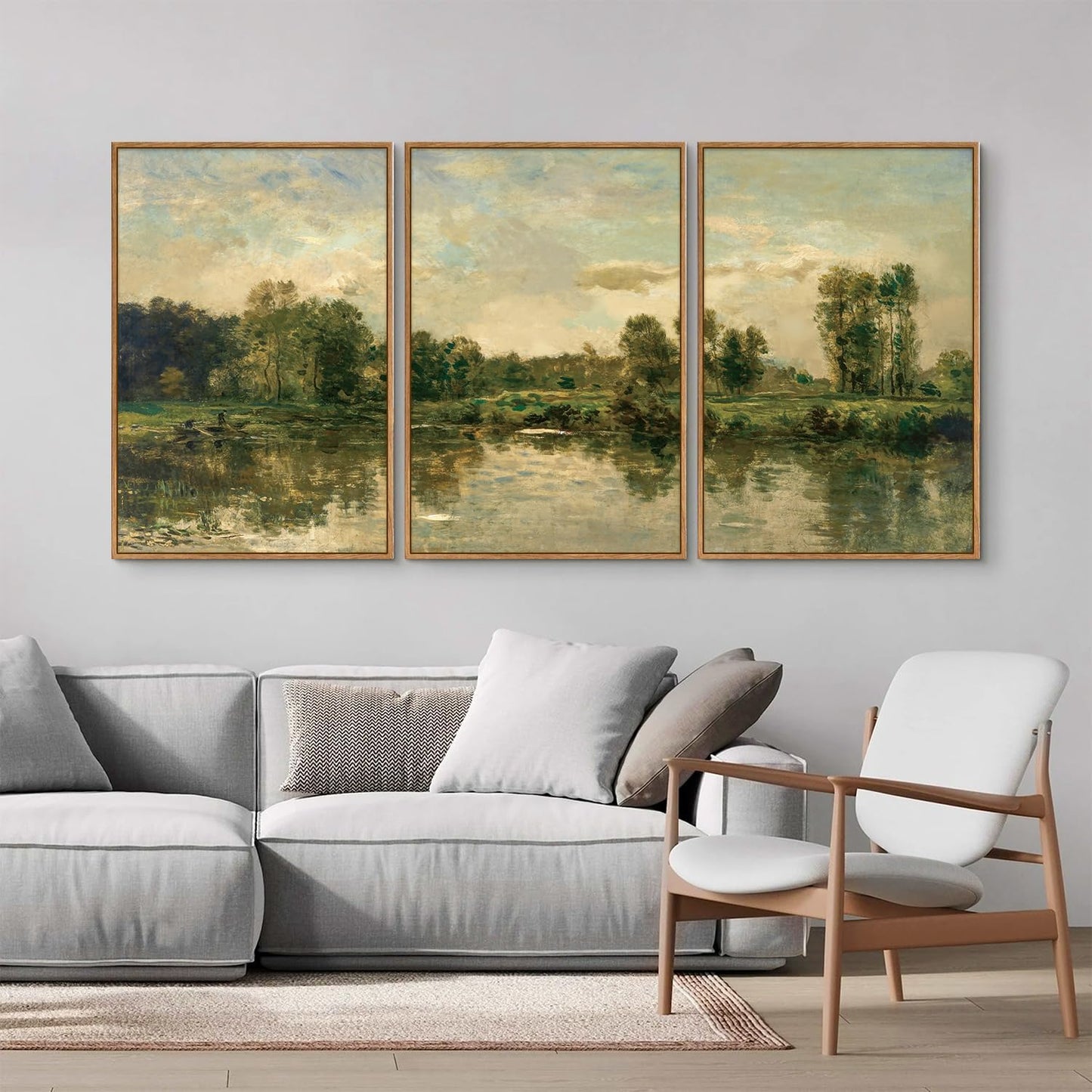 Tinonedraw Vintage Landscape Framed Canvas Wall Art Set of 3, French Country Art Prints, Nature Green Trees and Lake Art Paintings, Rustic Aesthetic Wall Decor for Living Room Bedroom Office 16"x24"x3