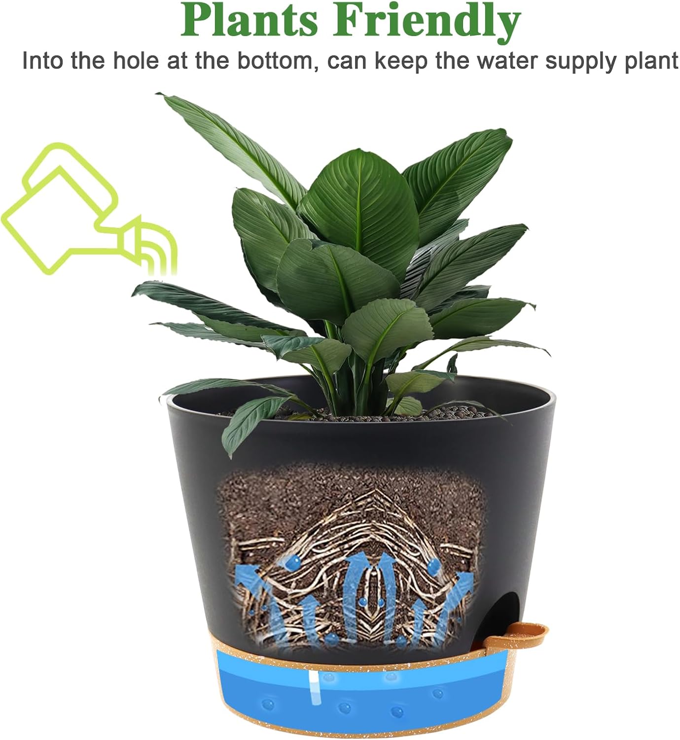 Self Watering Pots for Indoor Plants,12 inch Planters with Drainage Holes Plastic Flower Pots with Deep Reservoir, Black with Brown