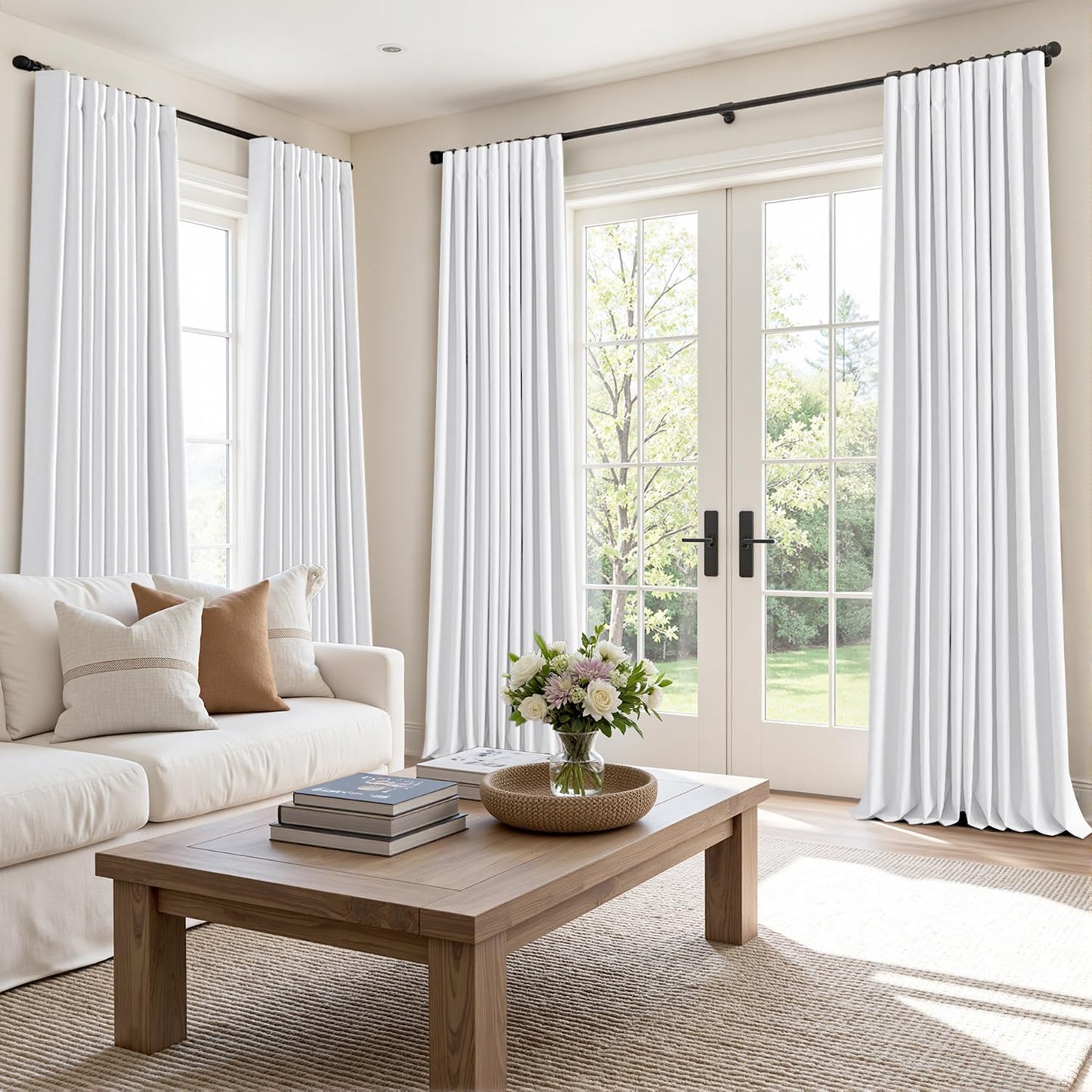 MIULEE 100% Blackout Curtains 96 Inch Long 2 Panels Set for Bedroom, Thick Faux Linen Black Out Curtain Room Darkening Back Tab Pleat Window Textured Drapes with Hooks for Living Room, Bright White