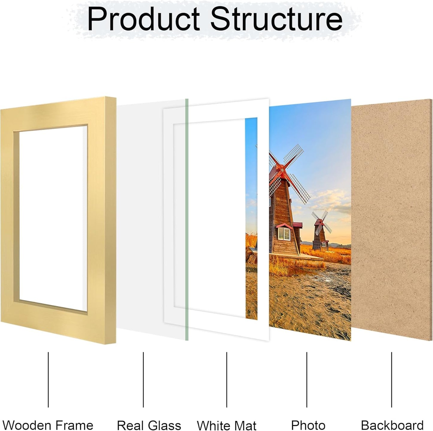 4x6 Picture Frame Set of 4, 4 x 6 Wood Photo Frames with Mat for 3.5x5, Wooden Frame with Real Glass Cover for Wall and Tabletop Display,Gold