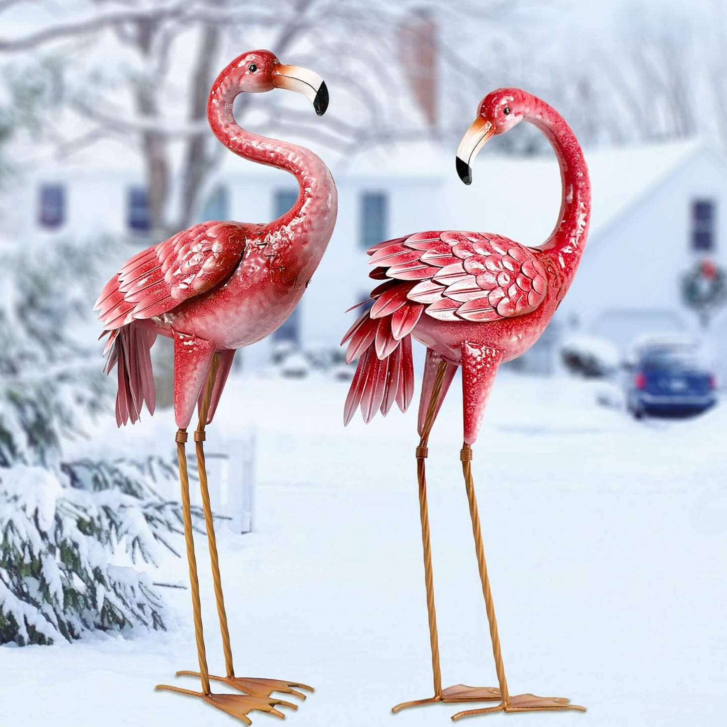 Kircust Flamingo Garden Statues and Sculptures, Metal Birds Yard Art Outdoor Statue, Large Pink Flamingo Lawn Ornaments for Home, Patio, Backyard Decor (2-Pack)