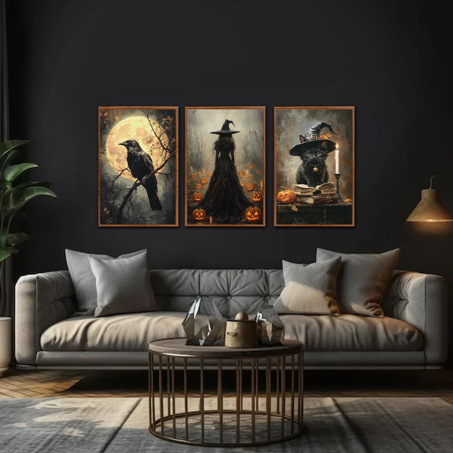 KAIRNE Framed Halloween Canvas Wall Art,Dark Witch Crow Prints,Black Cat Painting,Horror Gothic Pictures Set of 3 (16”X24”),Scary Halloween Wall Decor for Party Living Room Bedroom Office Decoration